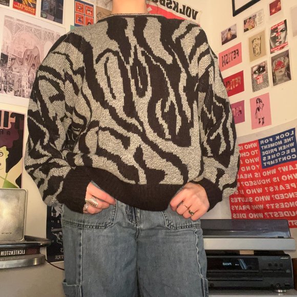Vintage 80s-90s Uniform Code Black and Grey abstract sweater - Picture 1 of 3